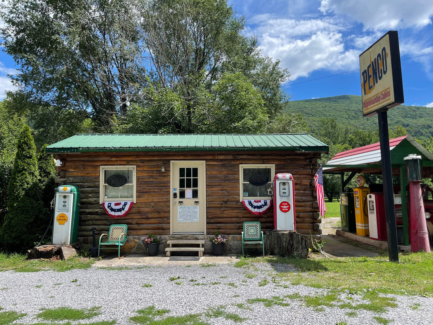Appalachian Cabins Seneca Rocks WV Check in Office Back in Time Antiques Noticed by American Pickers Old Gas Pumps, Gas Station Memorabilia Rustic Log Cabins Lodging Vacation Rentals Cabins near Seneca Rocks Smoke Hole Caverns Dolly Sods & Ski Resorts